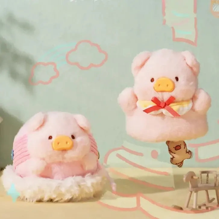 LuLu The Piggy plush dressed as a gift box and another character relaxing in a cozy pink hideaway