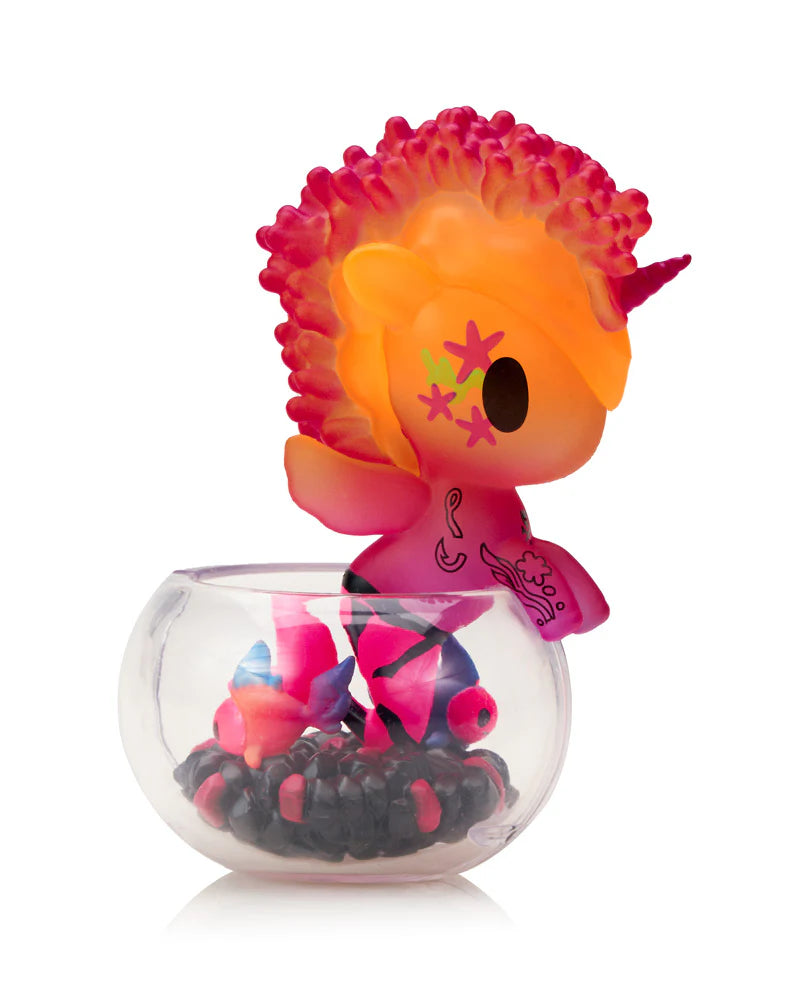 Neon Reef Mermicorno collectible vinyl figure with bright coral mane in clear bowl display