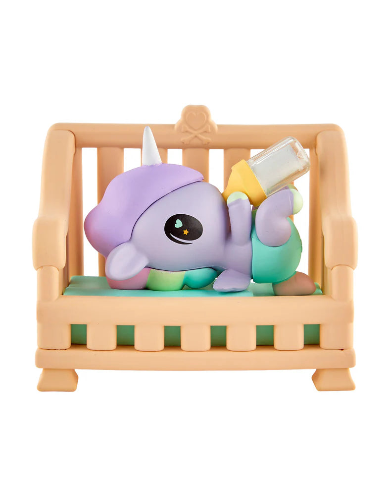 tokidoki Baby Unicorno Beddy Bottle figure drinking bottle in baby crib