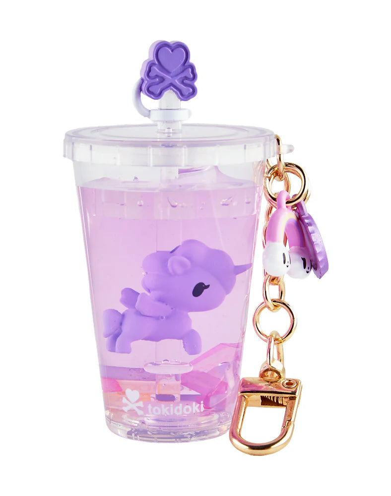tokidoki Beverage Besties Rainbow Jelly Unicorno keychain with purple drink and rainbow charm