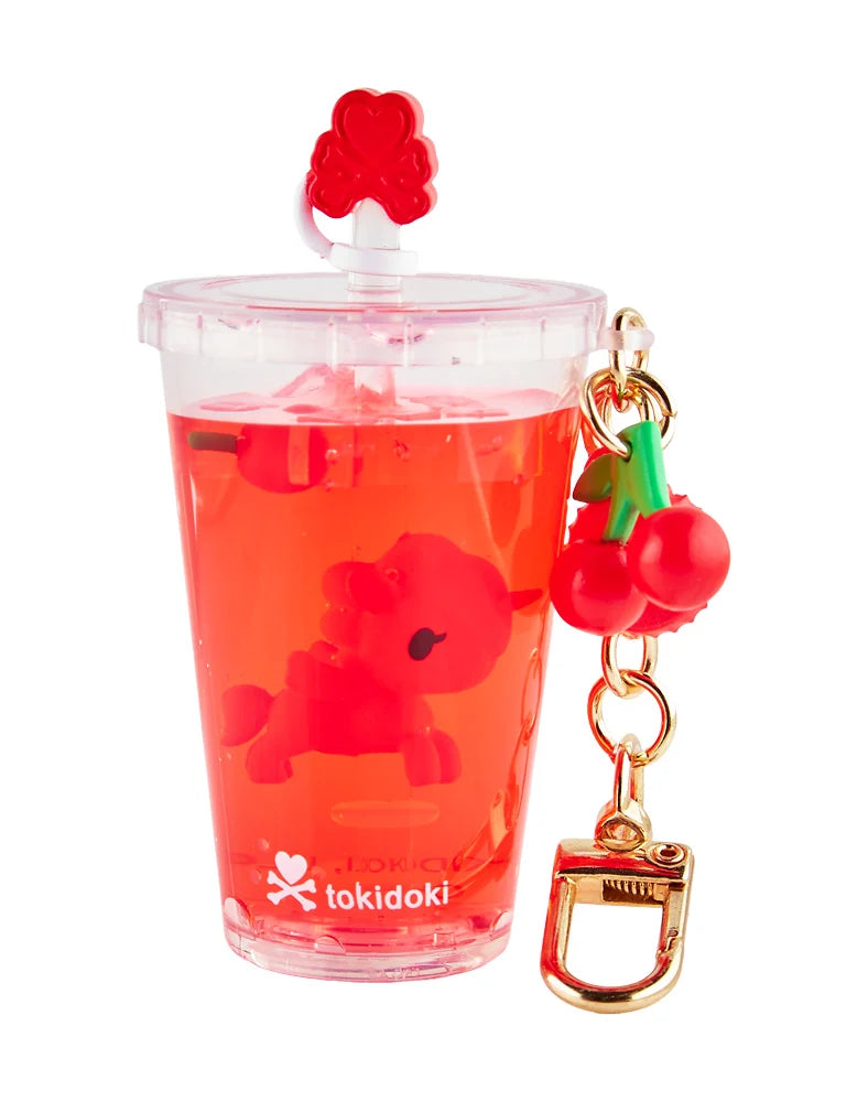 tokidoki Beverage Besties Cherry Pop Unicorno keychain with red drink and cherry charm