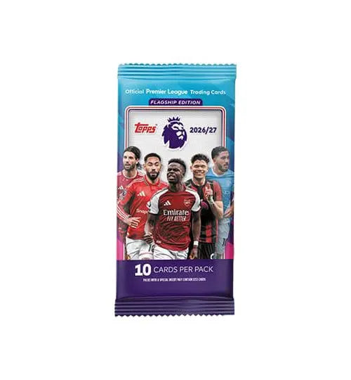 Topps Premier League 2026/27 Flagship Edition booster pack containing 10 official Premier League football trading cards, including 2 special cards.