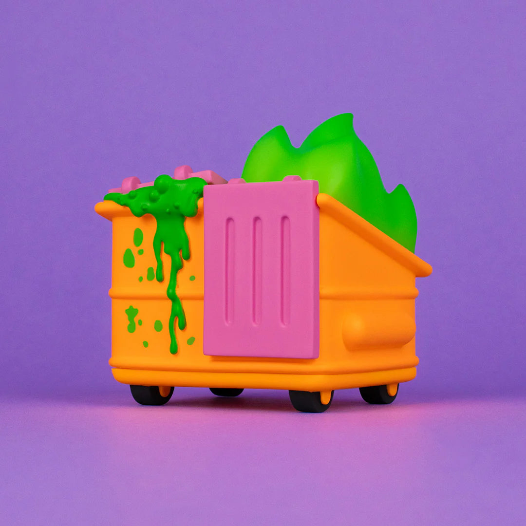Opposite side view of Toxic Waste Dumpster Fire vinyl figure orange edition