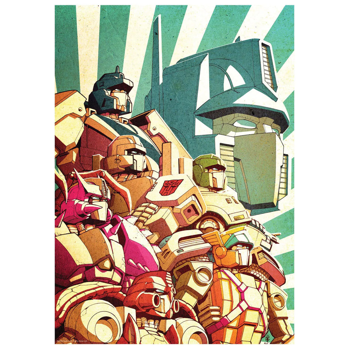 Full view of the Transformers Optimus Prime limited edition art print featuring classic Autobots and Decepticons in vintage style.
