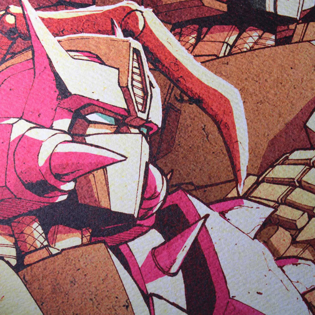 Close-up detail of the Autobot emblem and Optimus Prime’s shoulder from the Transformers art print.