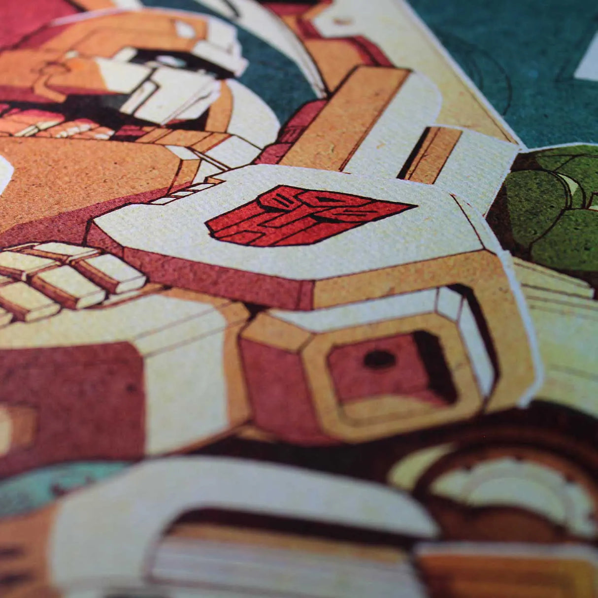 Detailed texture of Megatron and Arcee from the Transformers Optimus Prime collectible art print.