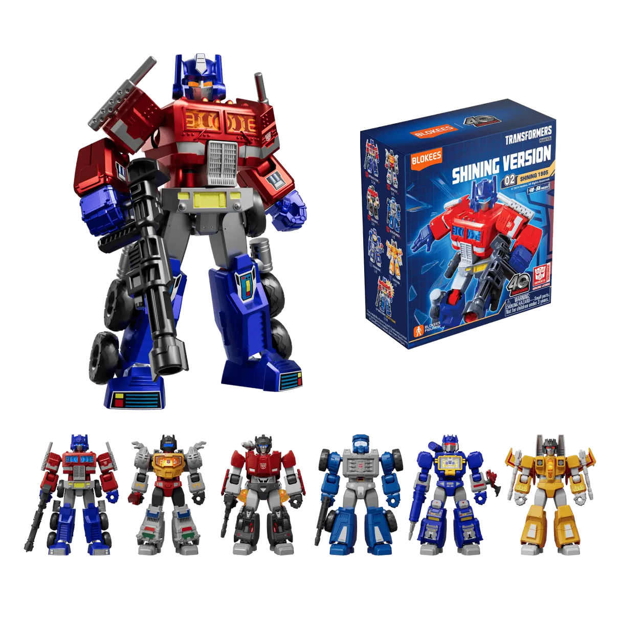 Transformers Blokees plastic model kit blindbox display case featuring Shining Version 1985 series.