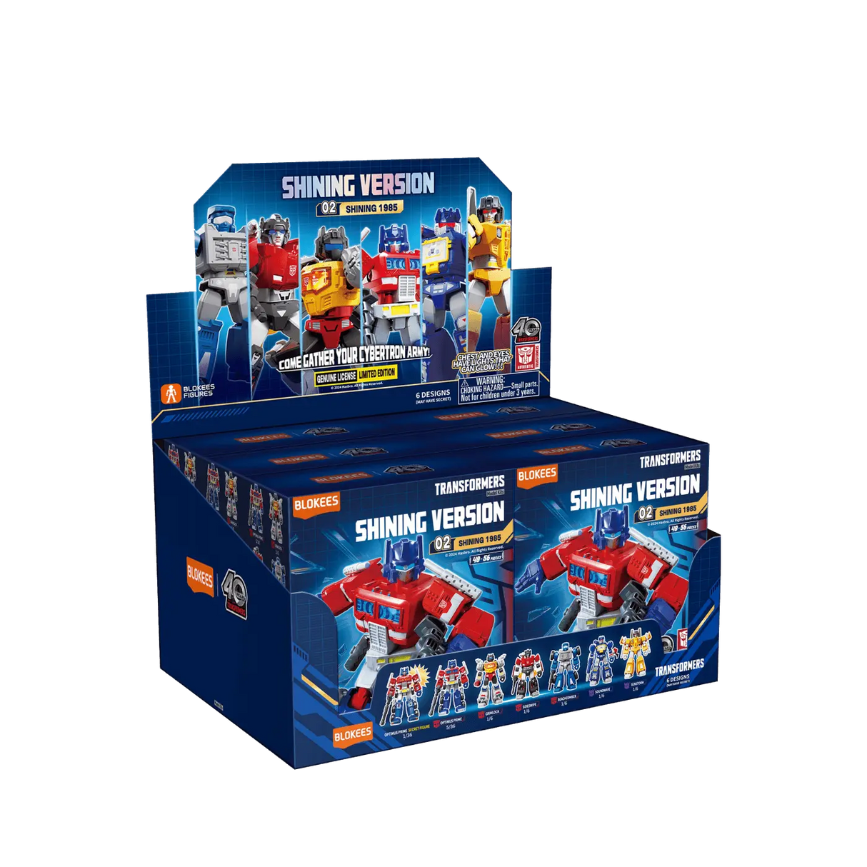 Transformers Blokees plastic model kit blindbox display case featuring Shining Version 1985 series.