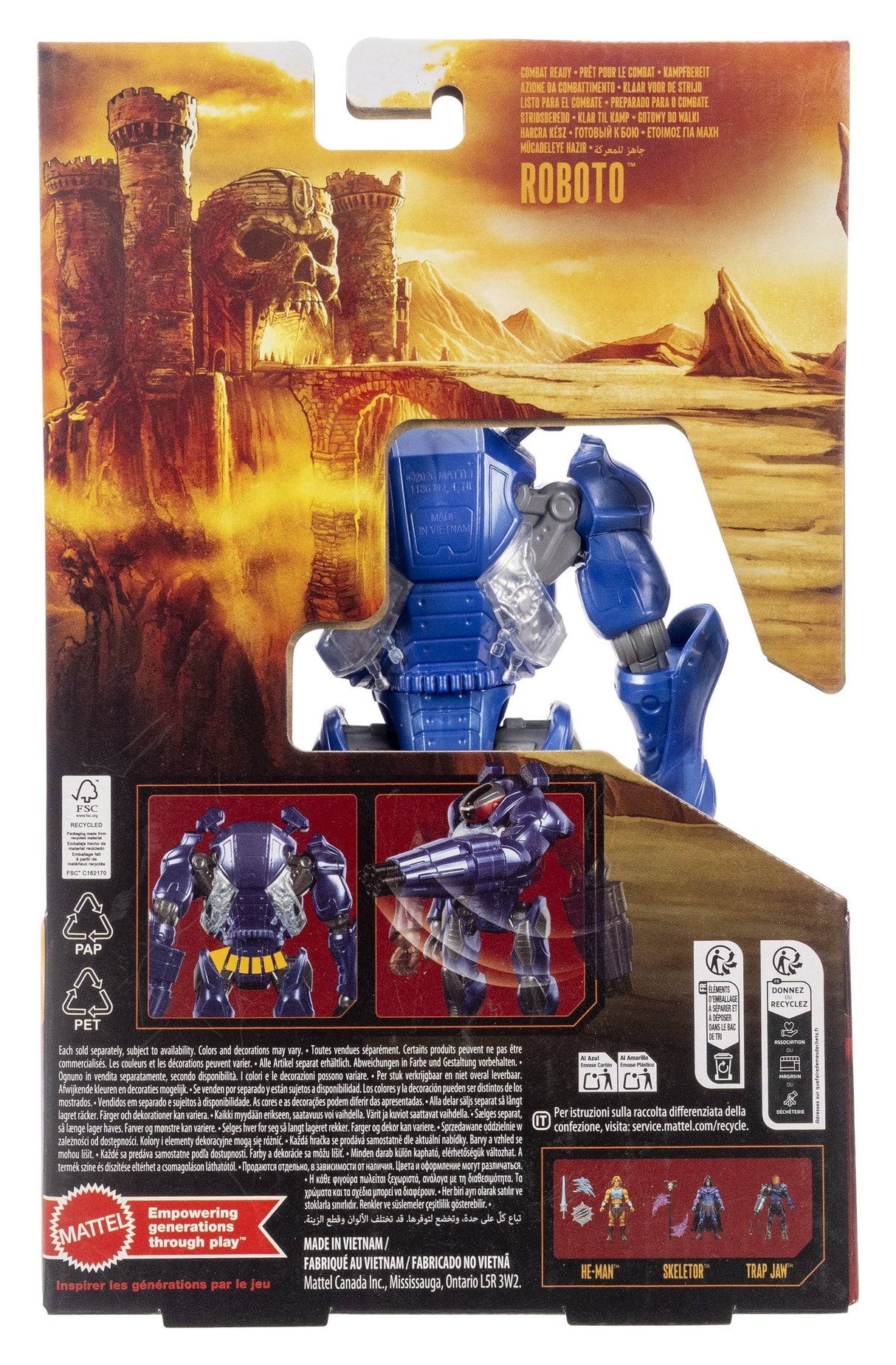 Back of Roboto Masters of the Universe 2026 Movie action figure packaging featuring Eternia artwork