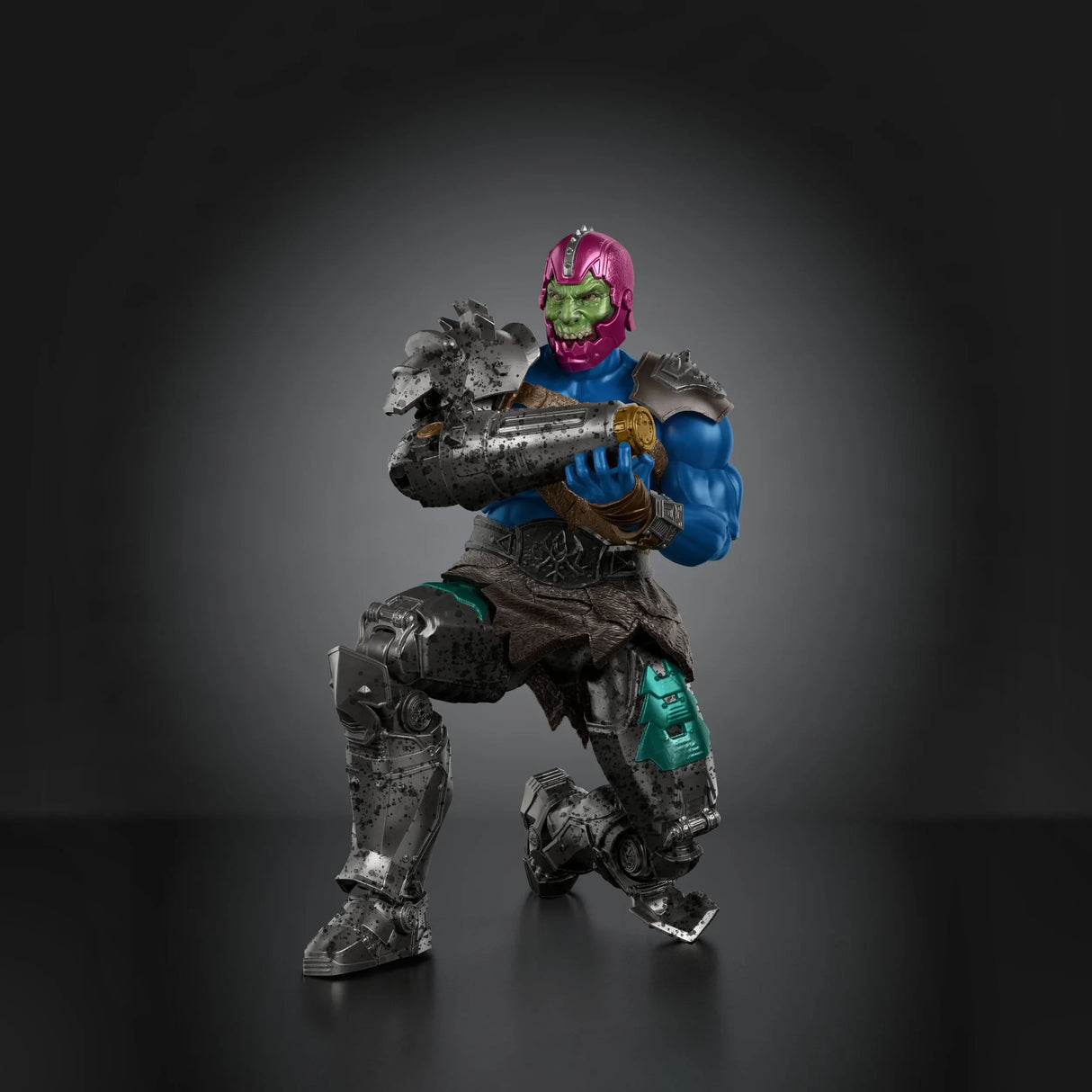 Trap Jaw Masters of the Universe villain figure posed for combat with hook arm raised