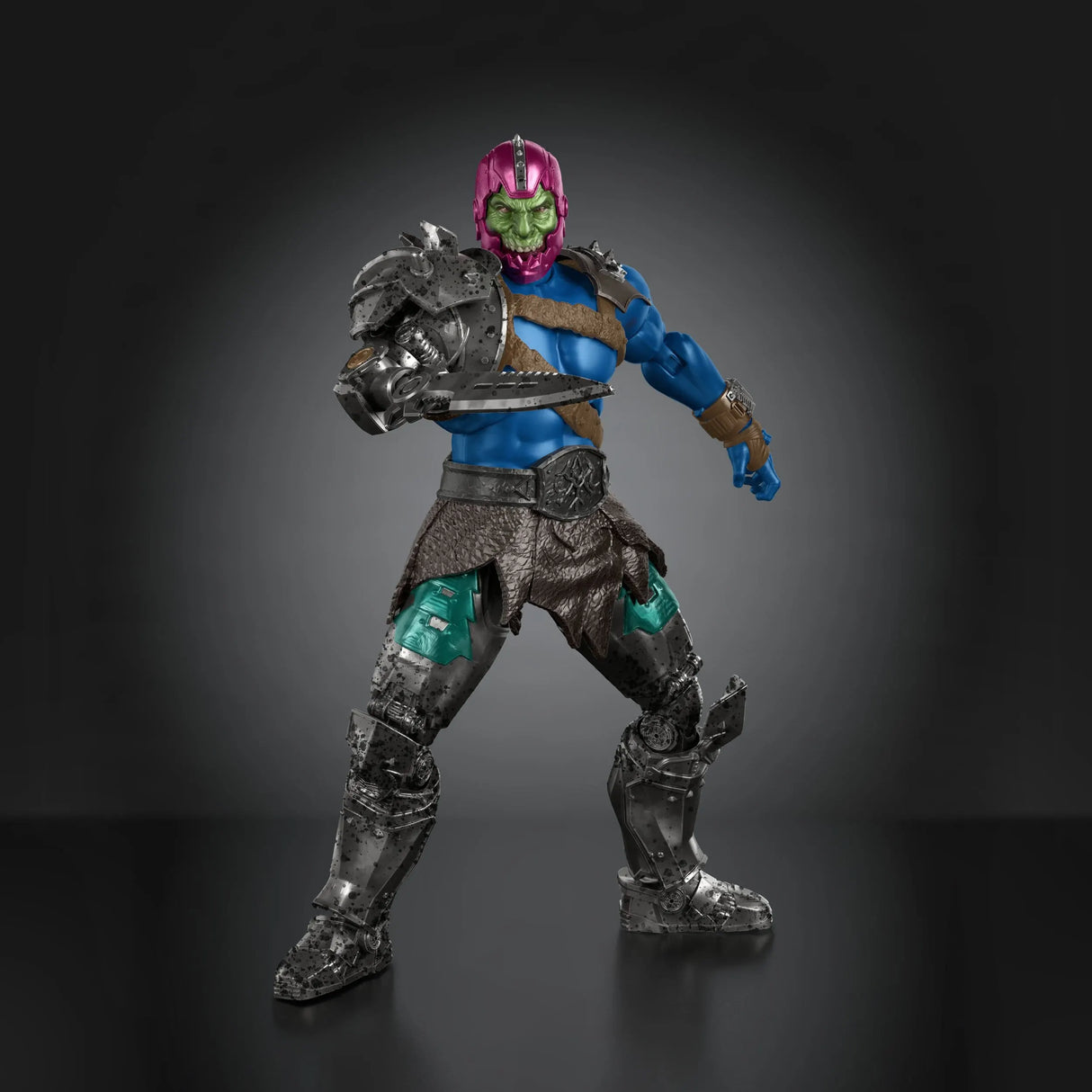 Side profile of Trap Jaw action figure highlighting cybernetic enhancements and armor