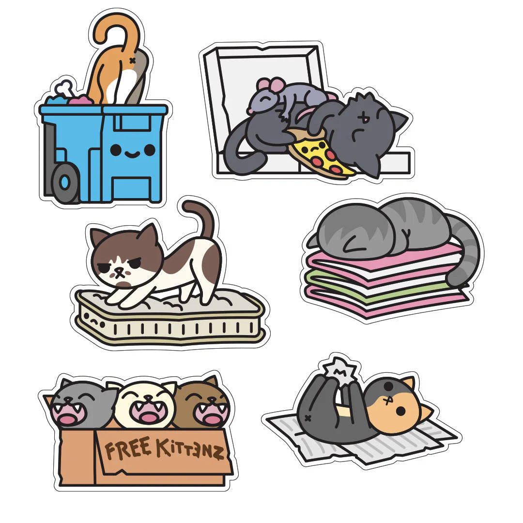 Trash Kitties Jumbo Sticker Pack Series 3 featuring oversized glossy vinyl stickers of cats in trashy and cozy scenes