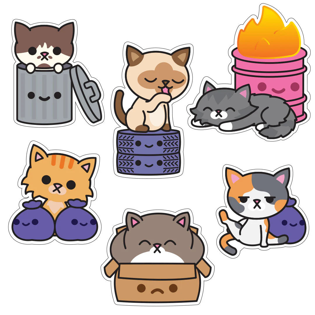 Trash Kitties vinyl sticker pack featuring cute cats in trash cans, boxes, and chaotic scenes