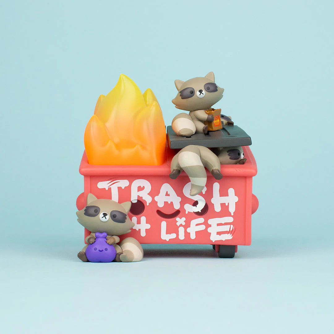 Trash Panda Dumpster Fire vinyl figure front view with raccoons climbing on a graffiti-covered red dumpster