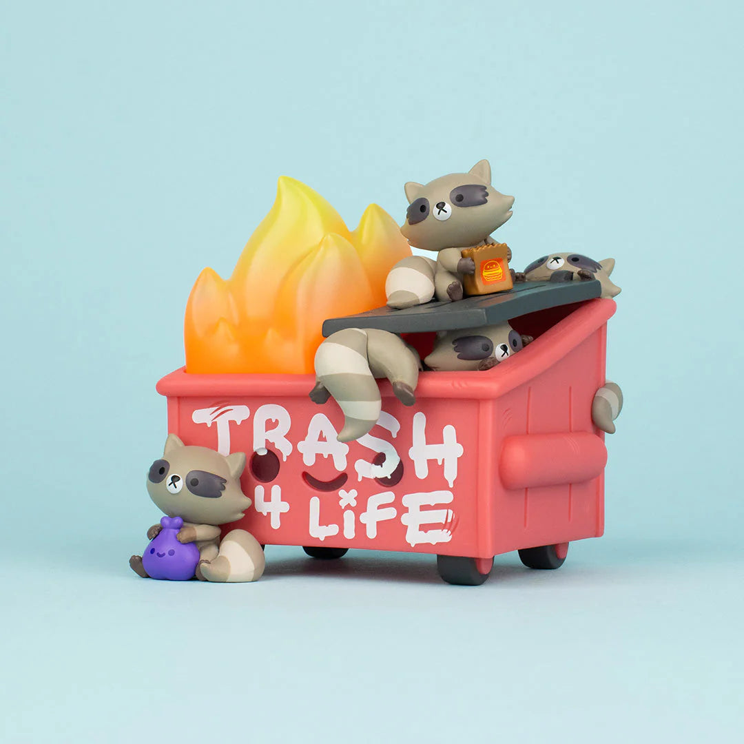 Trash Panda Dumpster Fire vinyl figure angled view showing raccoon figures and translucent flame detail