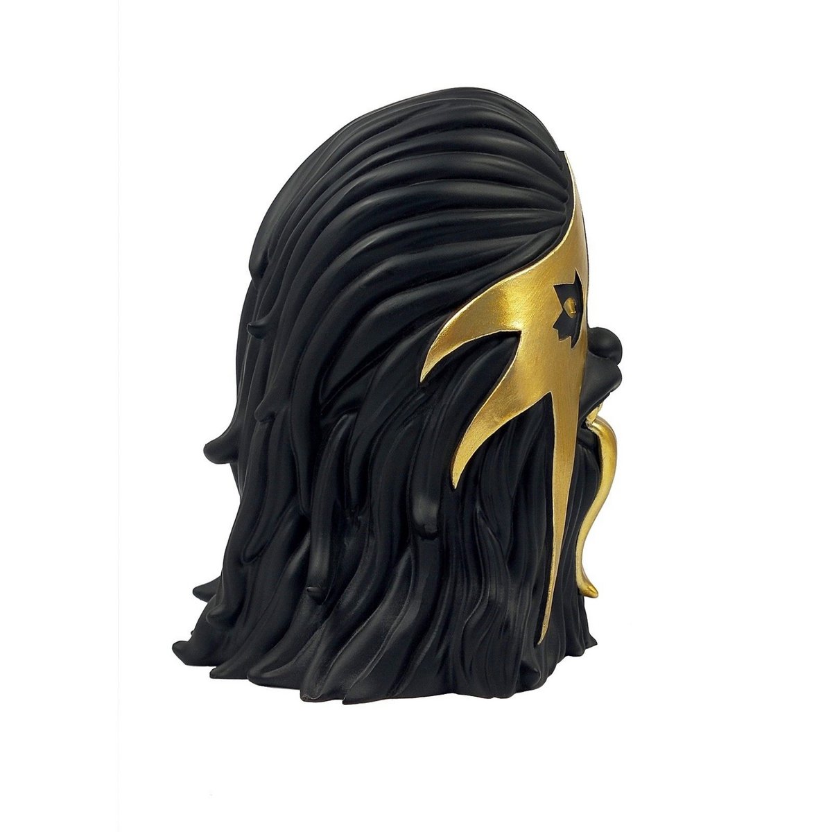 Side view of Thrashbacca black and gold collectible designer toy