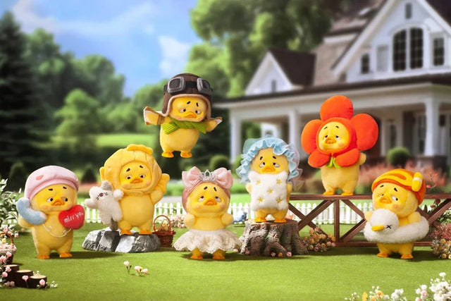 Upset Duck Act Cute Blind Box - Full Series lineup with all 7 designs displayed outdoors