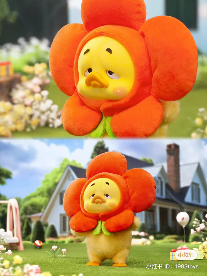Upset Duck plush wearing flower costume with cute sleepy expression