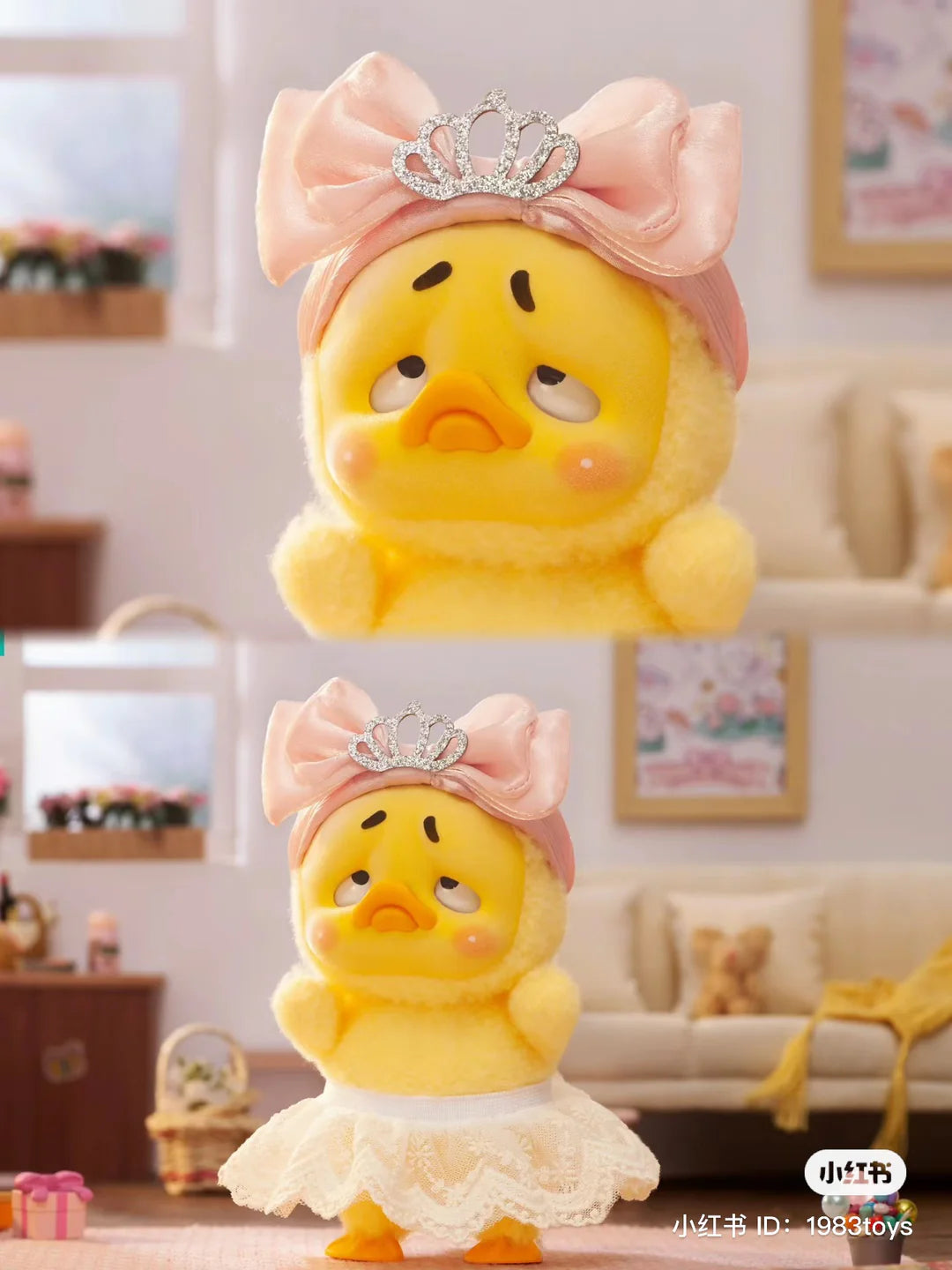 Upset Duck princess edition wearing tiara, bow and white lace dress
