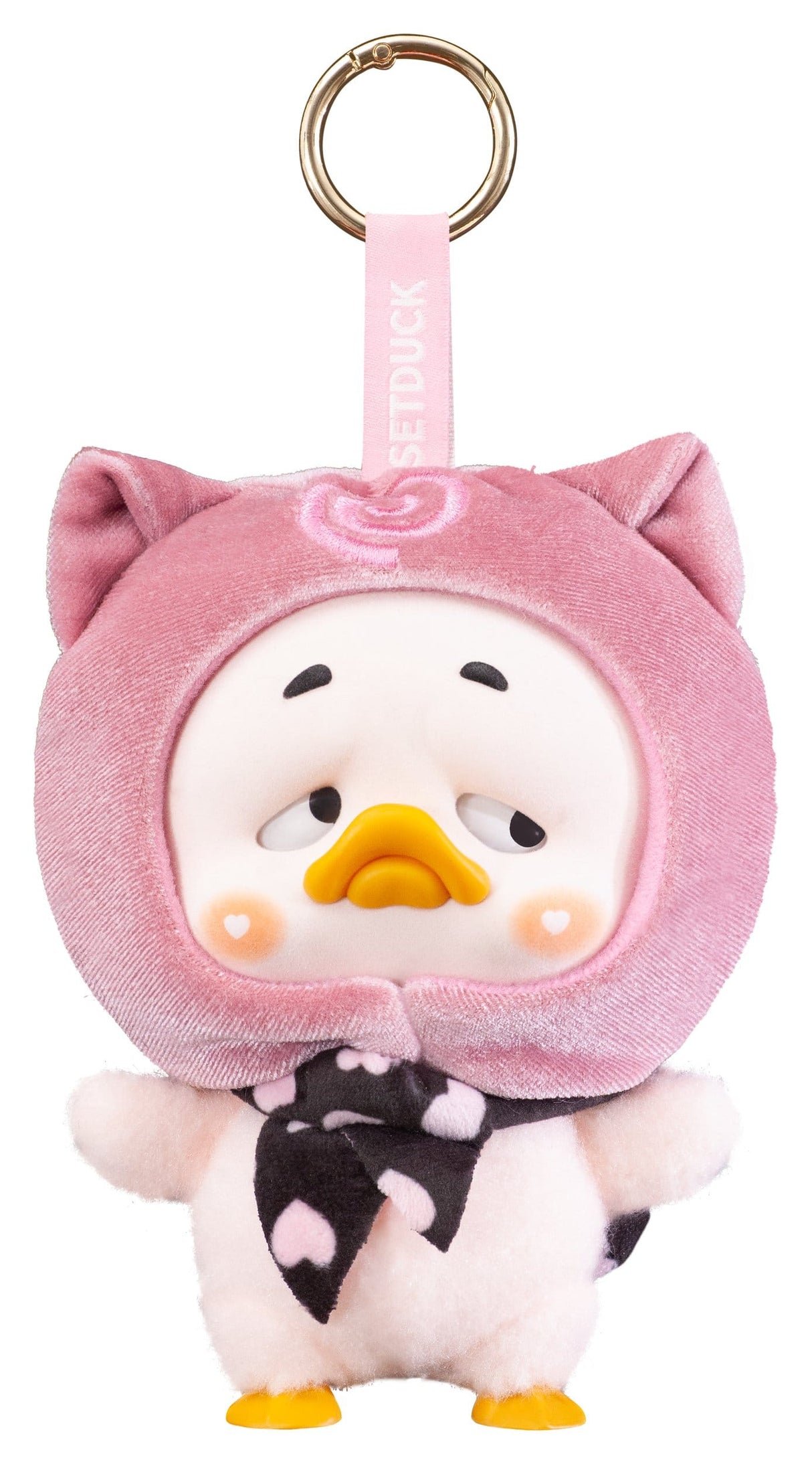 Upset Duck pink cat costume plush keychain with heart scarf