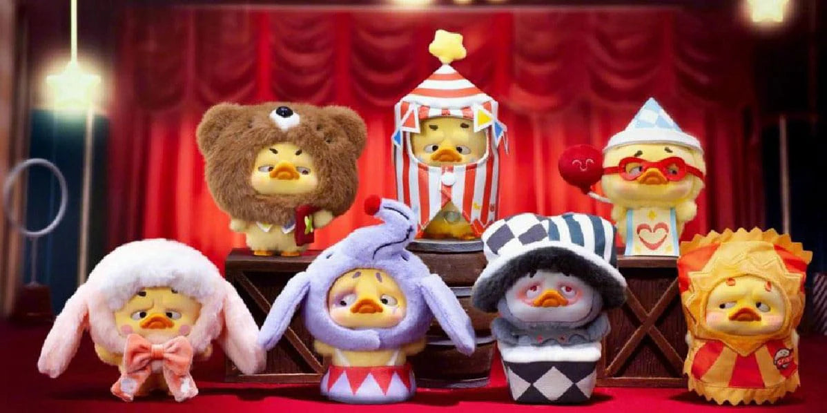 Complete set of Upset Duck Crazy Circus plush keychains displayed together.