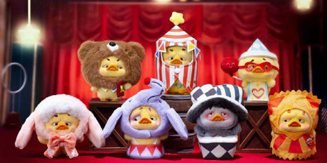 Complete set of Upset Duck Crazy Circus plush keychains displayed together.