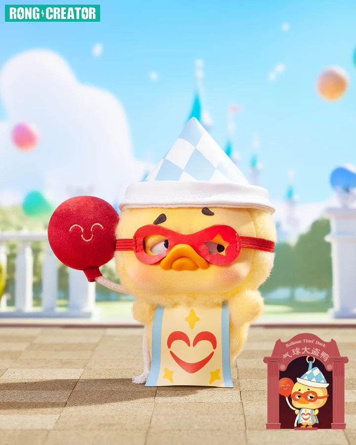 Upset Duck plush keychain balloon thief design from Crazy Circus blind box.