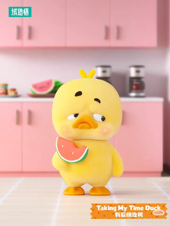 Taking My Time Duck holding watermelon slice from Upset Duck Stop the Spiral Duck plush blind box collection.