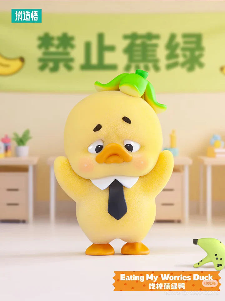 Eating My Worries Duck wearing tie from Upset Duck Stop the Spiral Duck plush blind box collection.