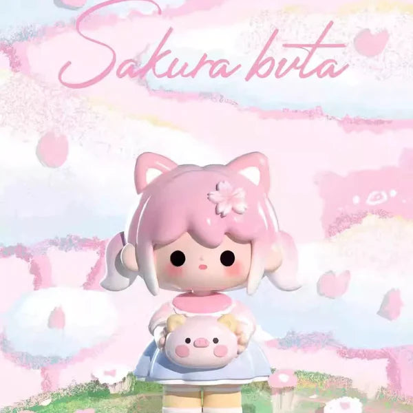 UU’s Fairy Journey Mini Series Blind Box Sakura Buta figure in pink outfit holding pig plush
