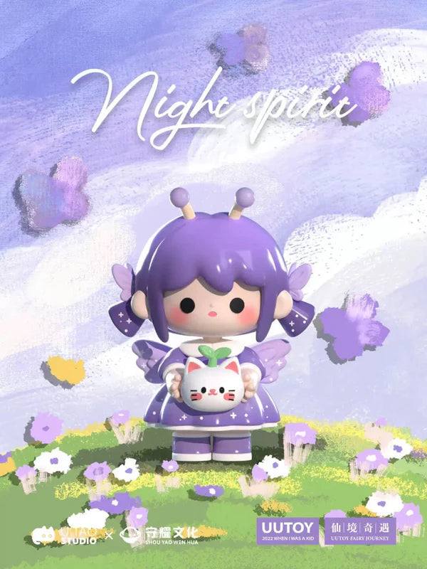 UU’s Fairy Journey Mini Series Blind Box Night Spirit figure in purple with butterfly wings holding cat plush