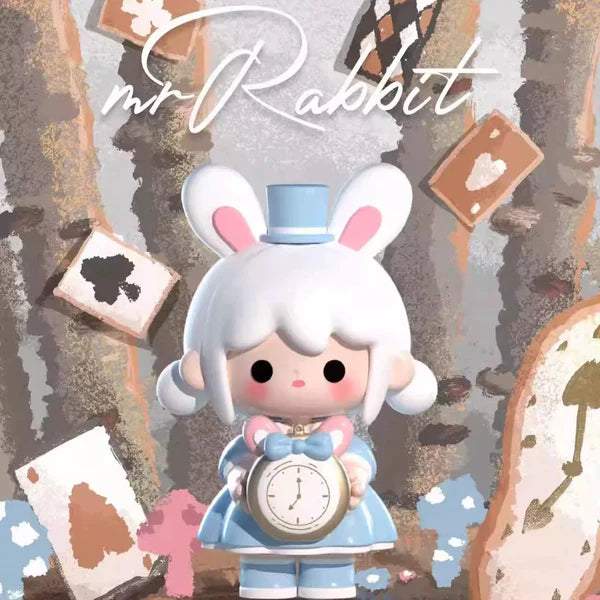 UU’s Fairy Journey Mini Series Blind Box Mr. Rabbit figure in blue outfit with clock plush