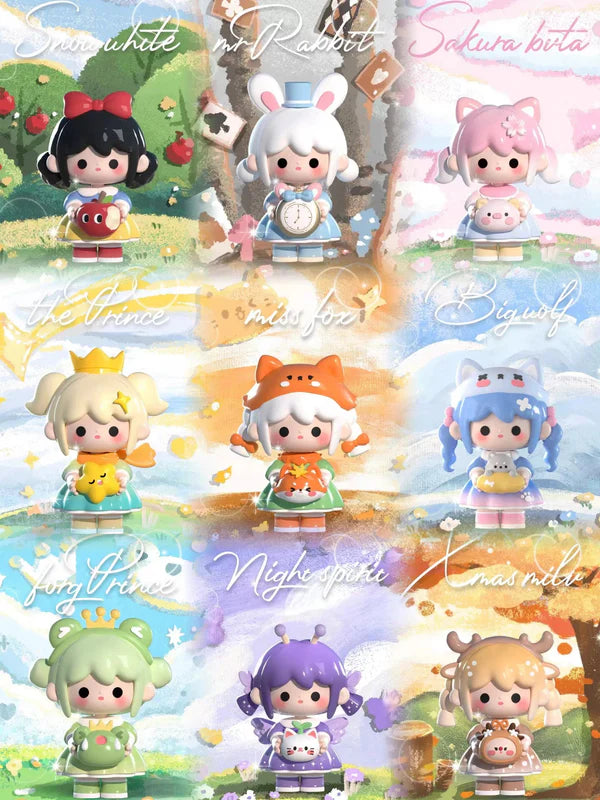 Collection lineup of UU’s Fairy Journey Mini Series Blind Box characters including Snow White, Mr. Rabbit, Sakura Buta, and more