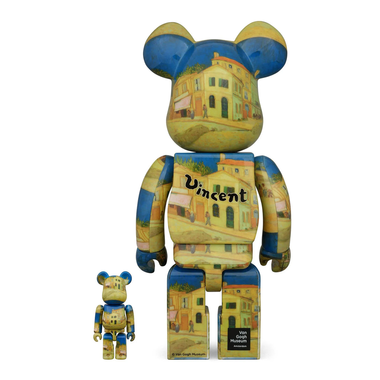 Back view of 400% & 100% Bearbrick Set with Van Gogh’s The Yellow House painting design, limited edition collectible by Medicom Toy.
