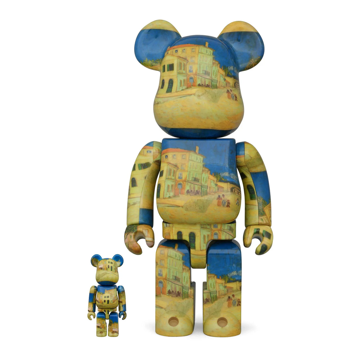 400% & 100% Bearbrick Set featuring Vincent van Gogh’s The Yellow House artwork on the front, produced by Medicom Toy.