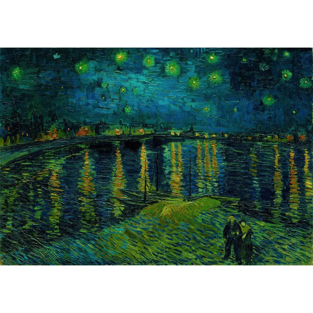 Completed puzzle of Van Gogh’s Starry Night Over the Rhone showing the illuminated night sky over the Rhone River.