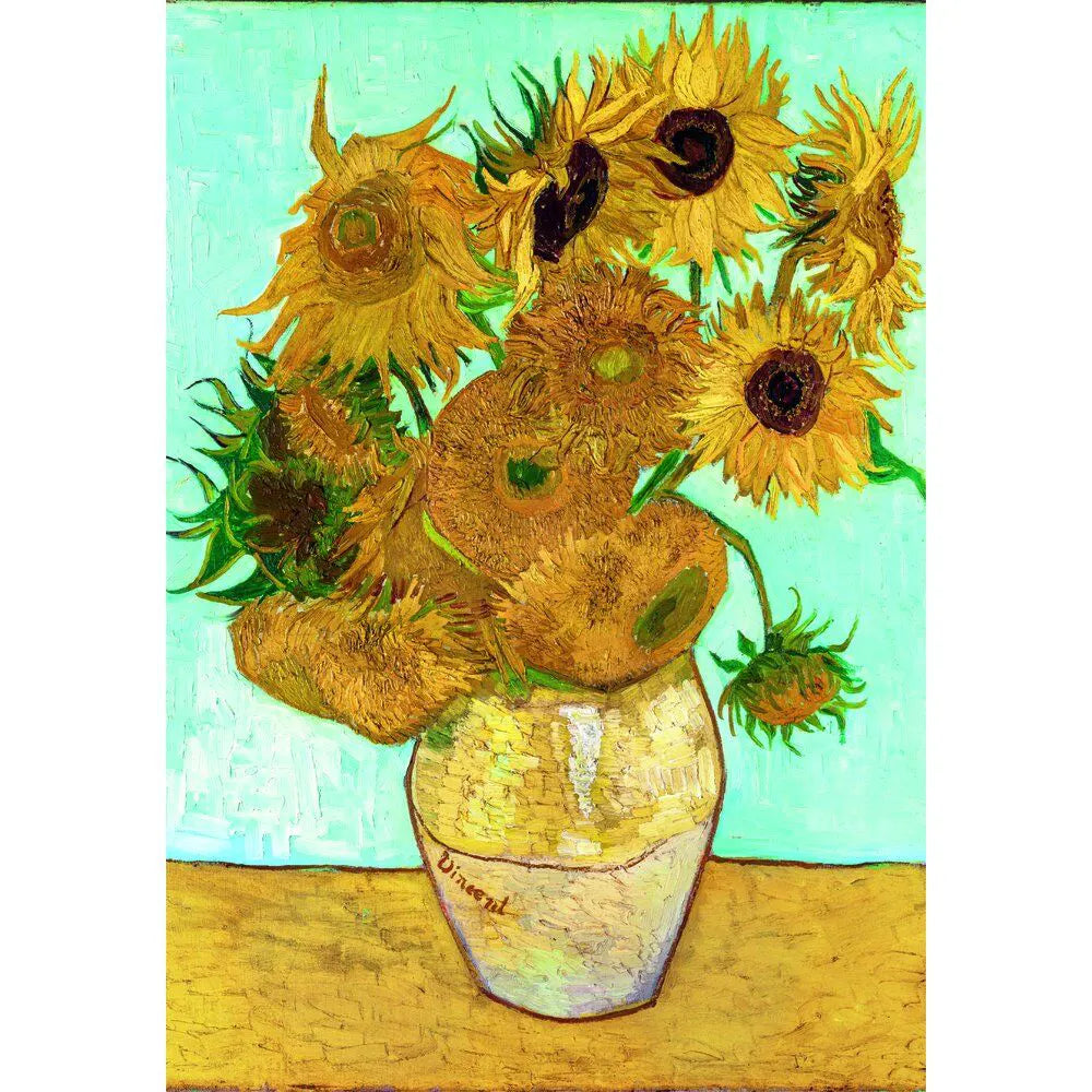 Completed Van Gogh Sunflowers 1000 piece puzzle artwork by Clementoni