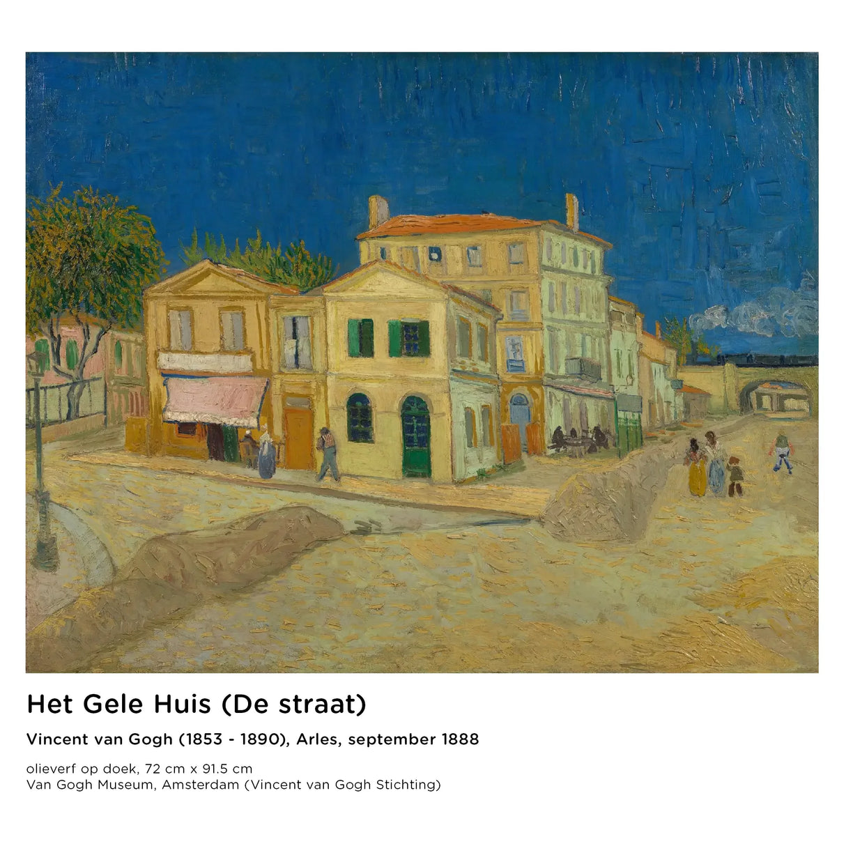 Vincent van Gogh’s The Yellow House (1888) oil painting featuring bright yellow buildings under a deep blue sky in Arles, France.