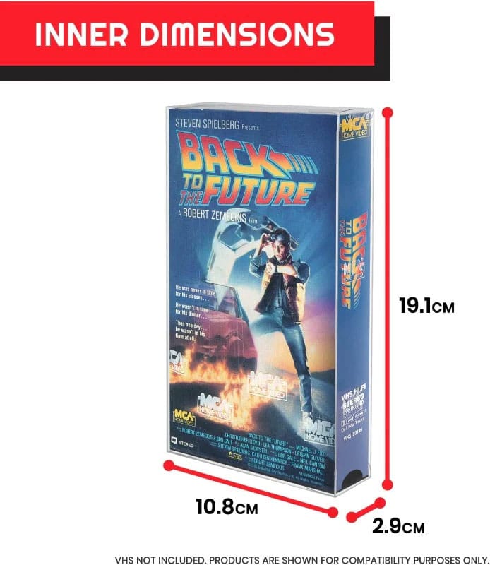 Back to the Future VHS tape showing interior dimensions of the PET protector.