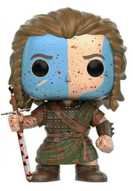 Close-up of William Wallace Funko Pop! vinyl figure with blue face paint and sword.
