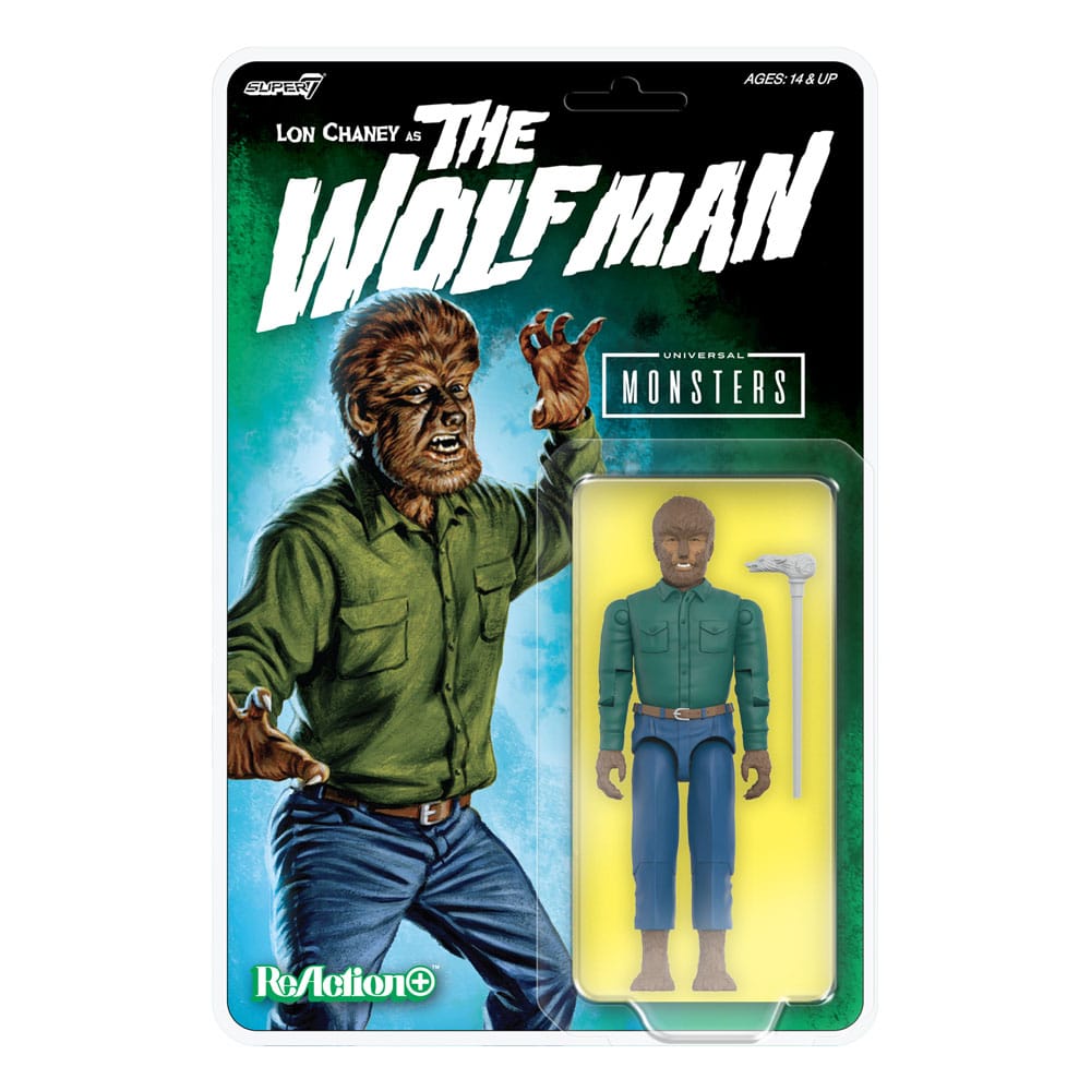 The Wolf Man Universal Monsters ReAction+ figure by Super7 in blister packaging with illustrated card art