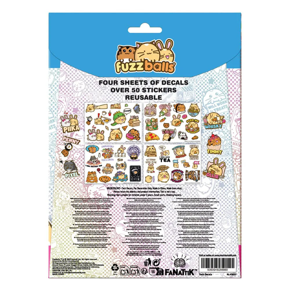 Back of Fuzzballs Tech Sticker Pack displaying four sticker sheets and over 50 reusable vinyl decals