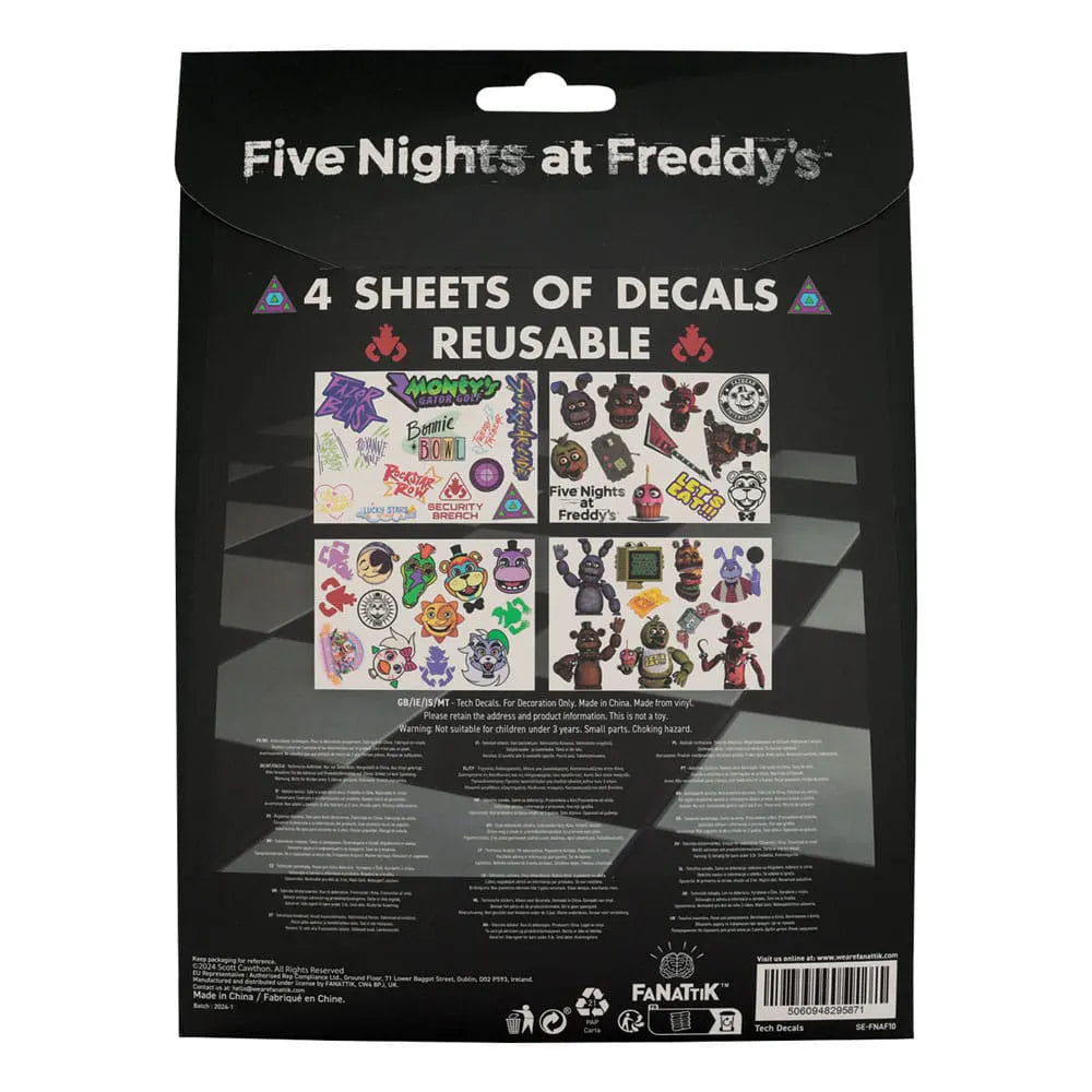Back of Five Nights at Freddy's Tech Sticker Pack showing four reusable sticker sheets with characters and game logos