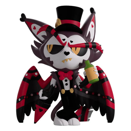 Husk character figure from Hazbin Hotel by Youtooz, holding bottle and wearing red-black outfit
