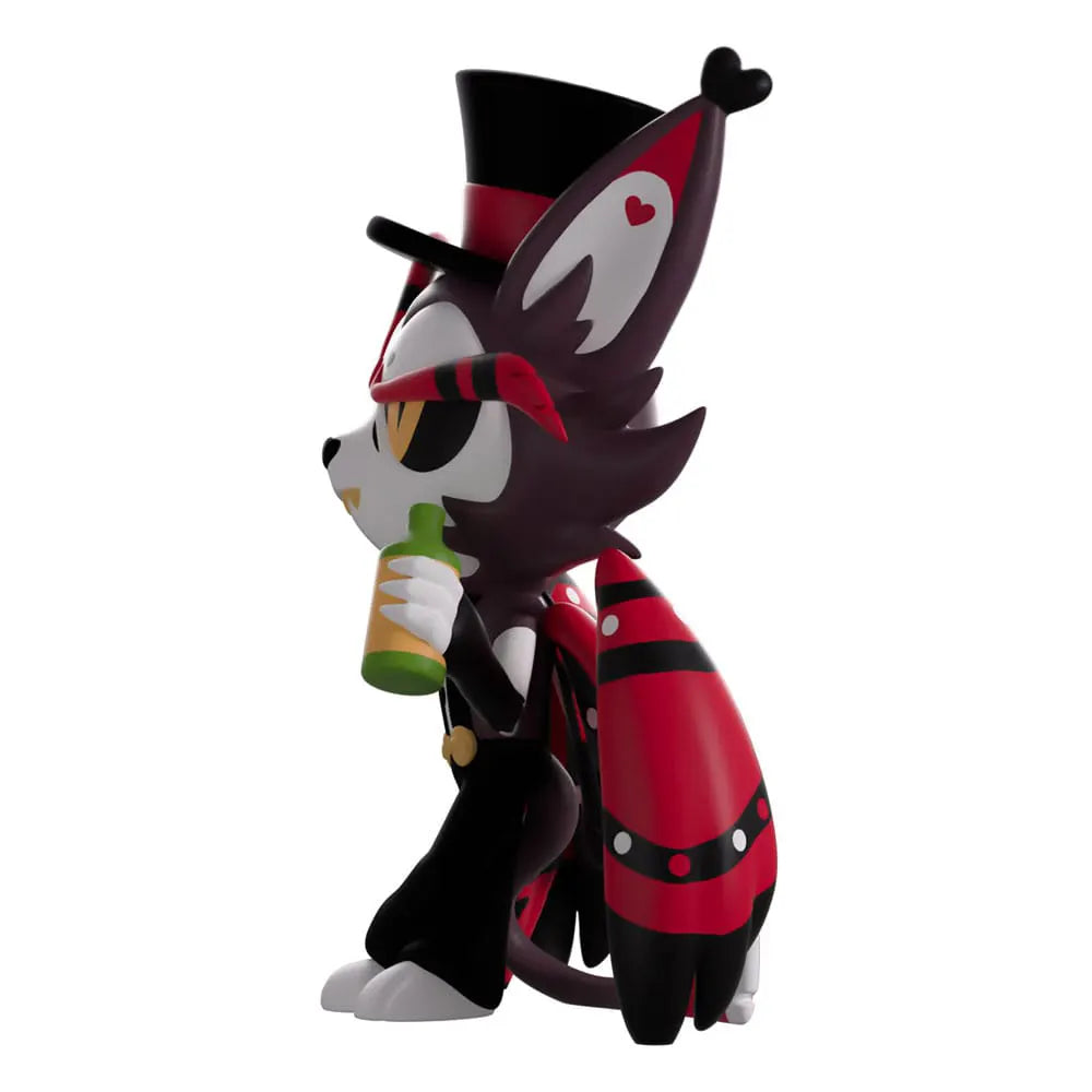 Left side angle of Hazbin Hotel Husk figure in red and black jester-inspired costume