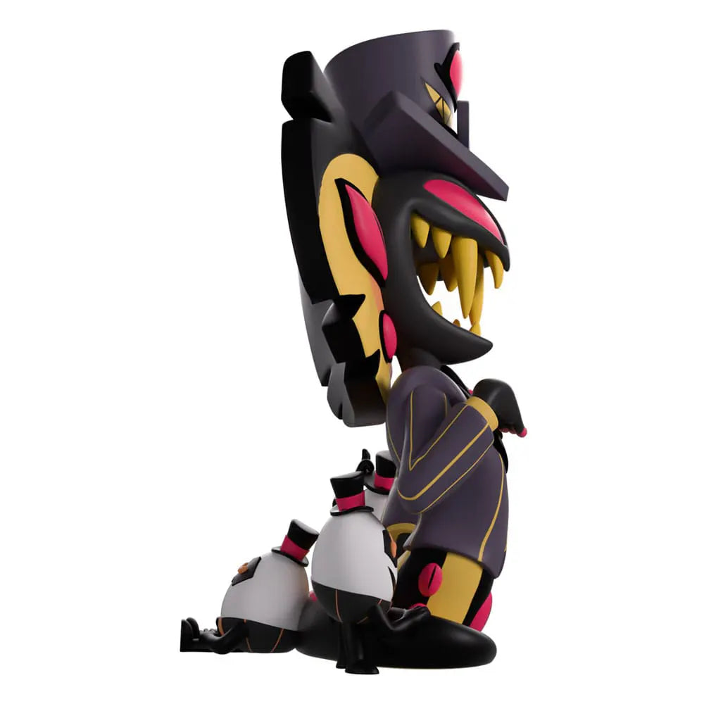 Right side profile of Youtooz Sir Pentious vinyl figure from Hazbin Hotel with minion detail