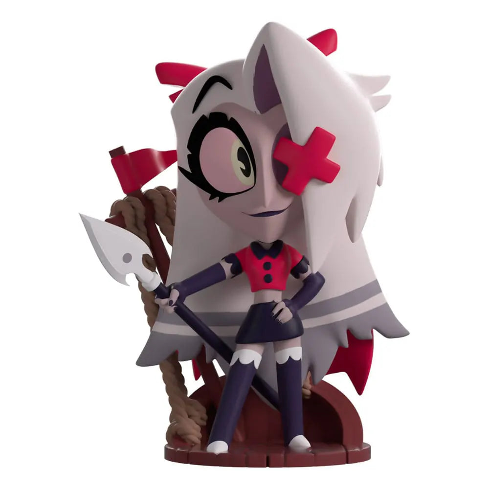 Youtooz Vaggie figure with spear, red bow, and stylized purple and pink outfit
