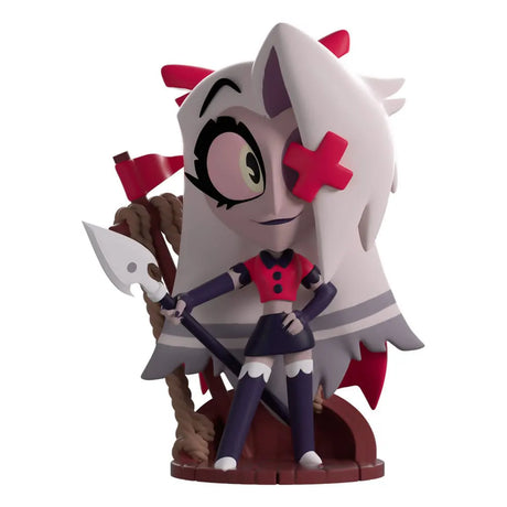 Youtooz Vaggie figure with spear, red bow, and stylized purple and pink outfit