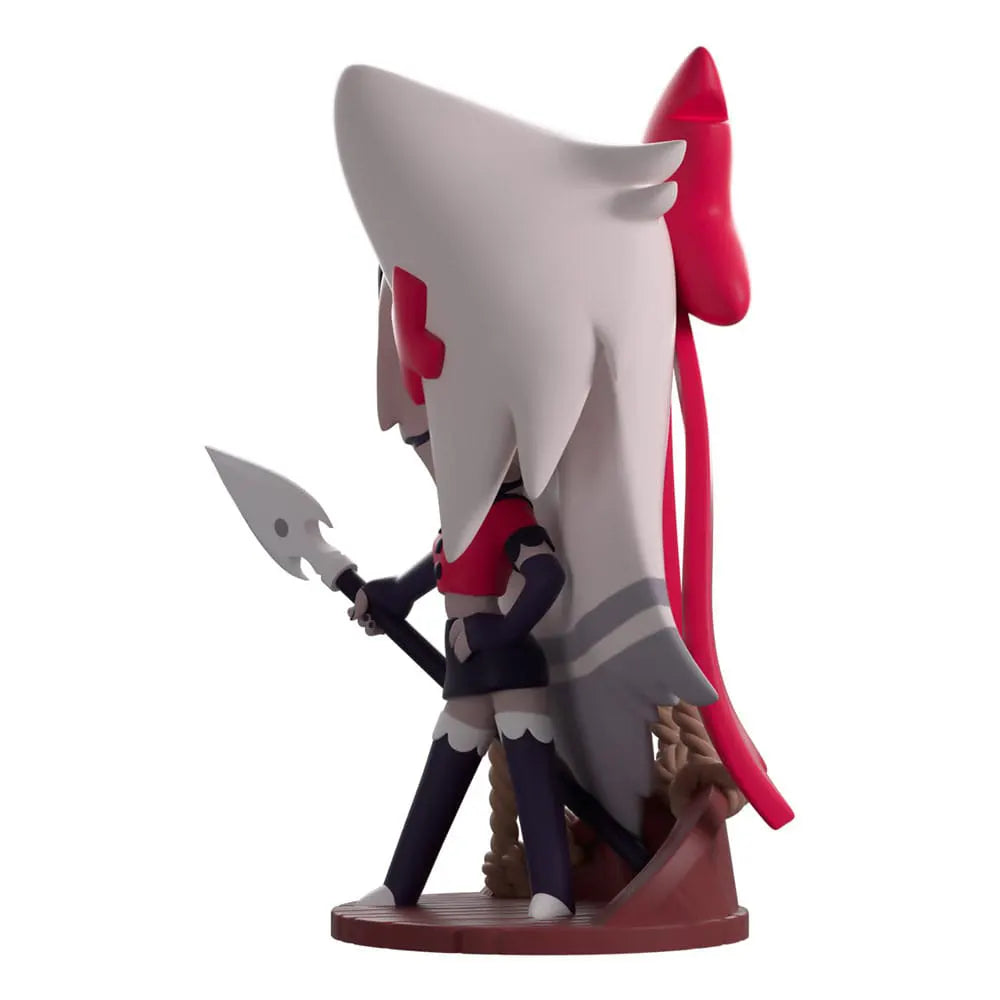 Hazbin Hotel’s Vaggie figure viewed from left, featuring combat gear and red details
