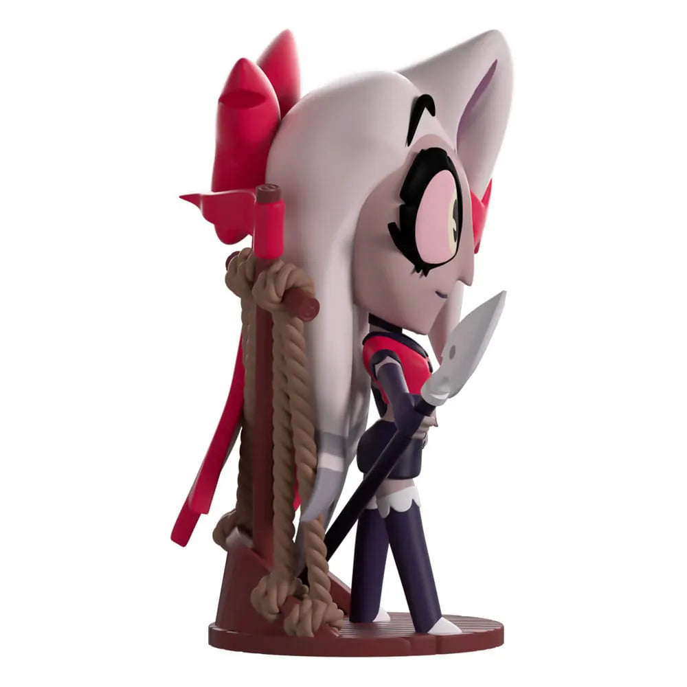 Right side view of Youtooz Vaggie vinyl figure from Hazbin Hotel with spear and long white hair
